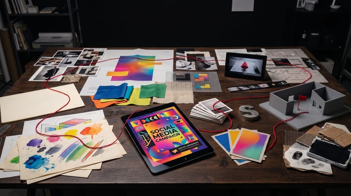 A studio table of colour studies, printed layouts and a tablet showing a campaign, connected by a red cord.