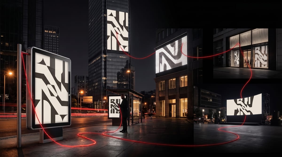 Illuminated billboards across a city at night, linked by one continuous red cord.