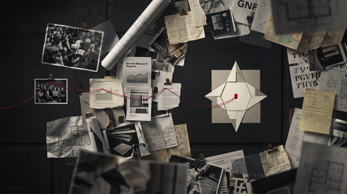 An investigation wall of pinned research, photographs and notes, with a red thread running through it to a resolved marker at the centre.