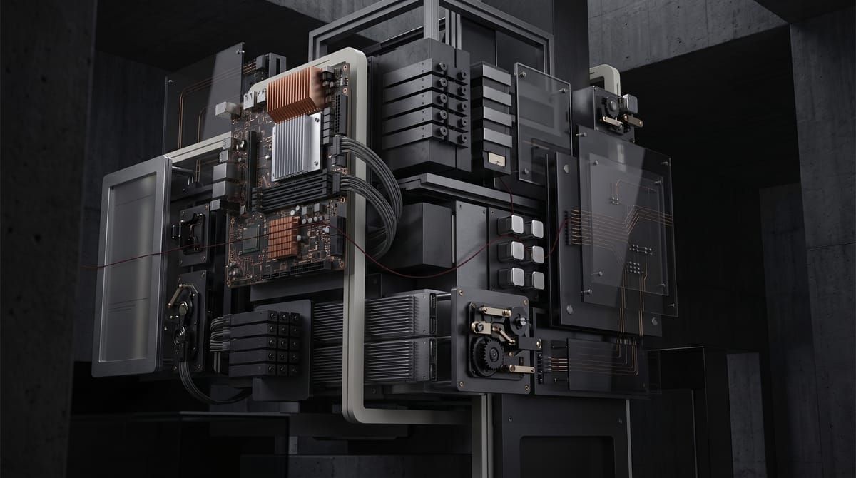 An exploded view of server and computer hardware assembled into a single modular block.