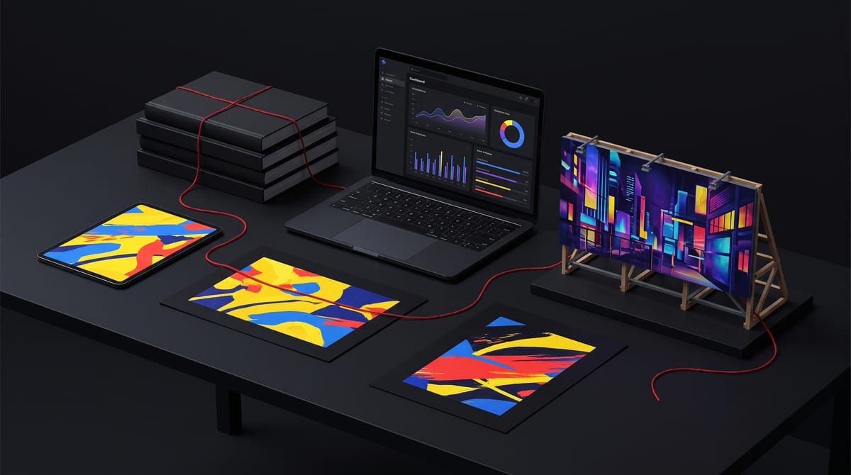 Finished work laid out together — a dashboard, printed posters and a billboard model — linked by a red cord.