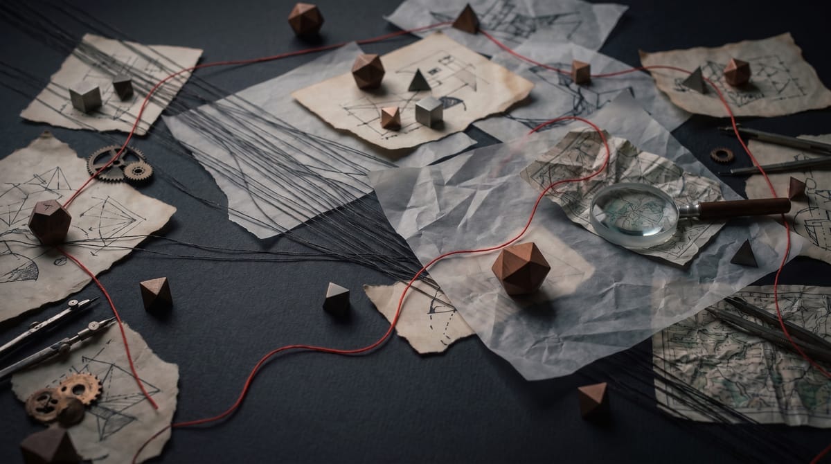 Research pages and printed evidence spread across a dark surface before anything has been decided.