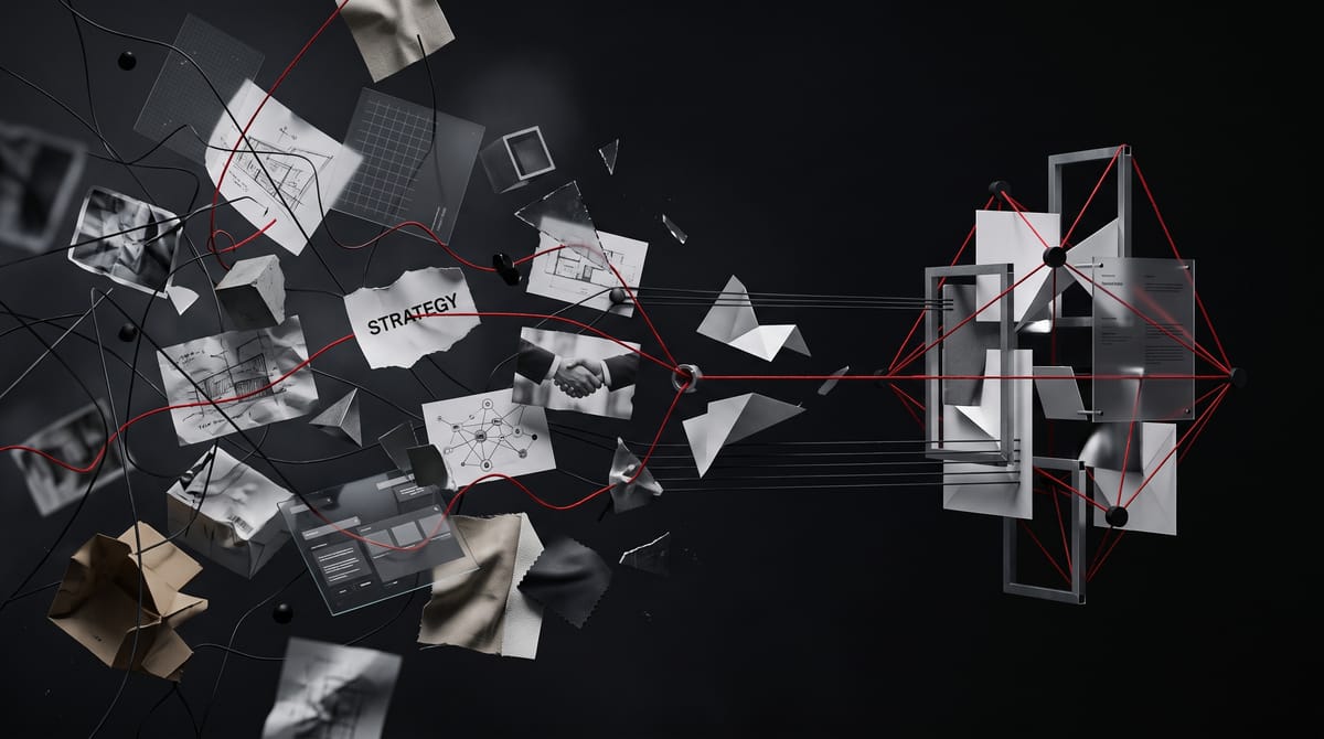 Scattered research and imagery drawn together by red threads into one resolved structure.